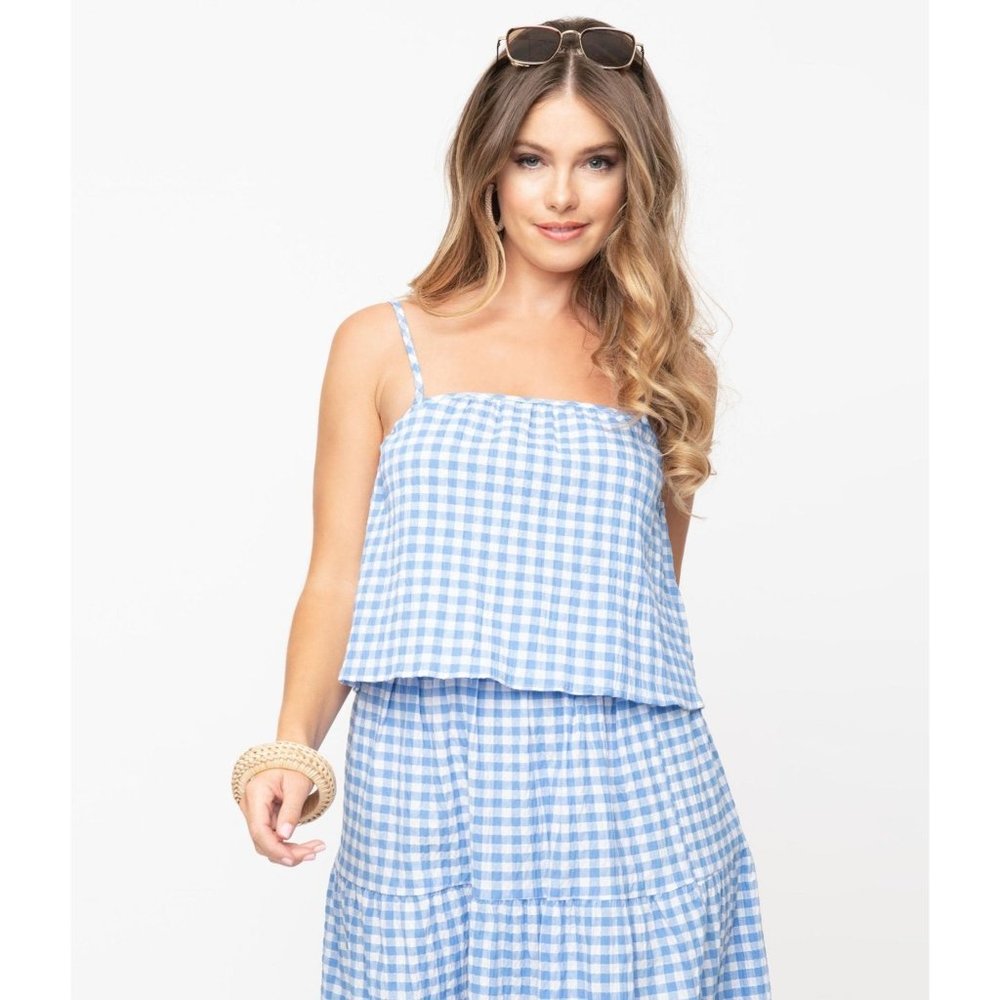 NLT Unique Vintage Womens Retro Style Blue & White Gingham Crop Top S